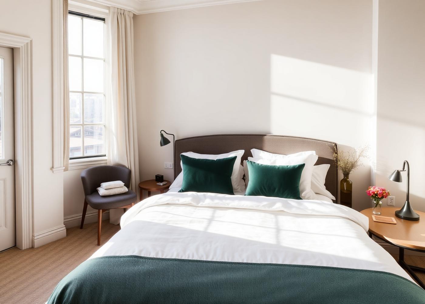 Boutique hotel room with crisp white linens and green accents